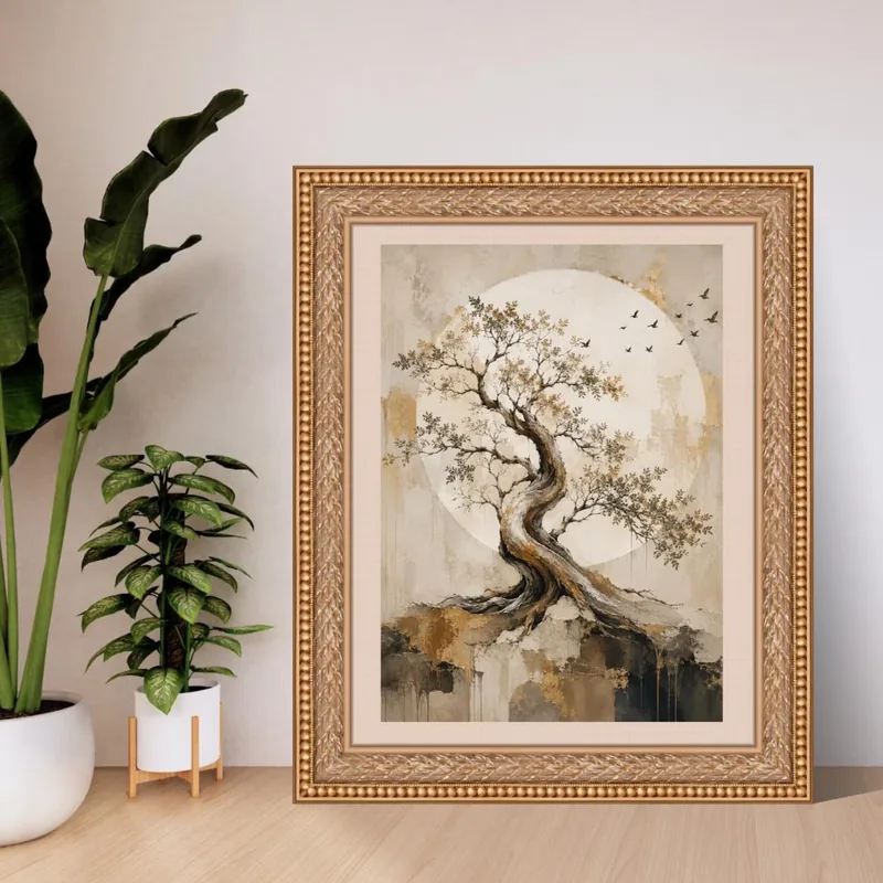 Ancient Tree Gold Moon — zen printable art of a golden tree under a full moon