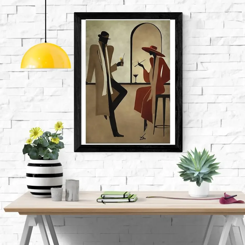 Art déco style illustration of a man in a hat leaning at a bar counter and a woman in a red dress and wide-brimmed hat seated with a cocktail, warm beige tones