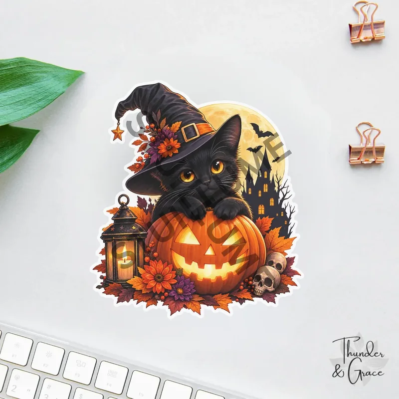 Black kitten wearing a witch hat behind a glowing jack-o'-lantern, with autumn flowers, a full moon, bats and Halloween decorations.