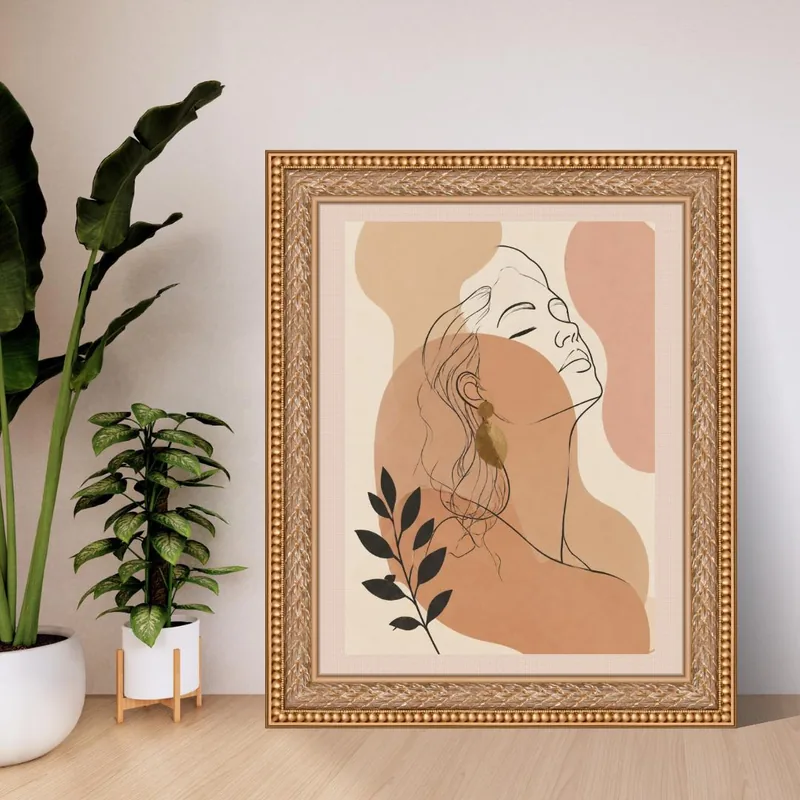 Boho line art portrait of a woman with a gold earring, warm terracotta abstract shapes and botanical leaves