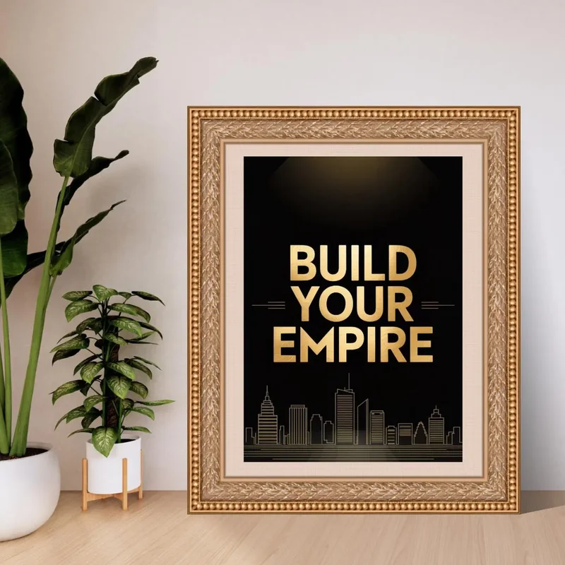Ornate gold-framed 'Build Your Empire' print with bold gold lettering on a black background above a gold line-art city skyline, leaning against a white wall beside potted green plants.