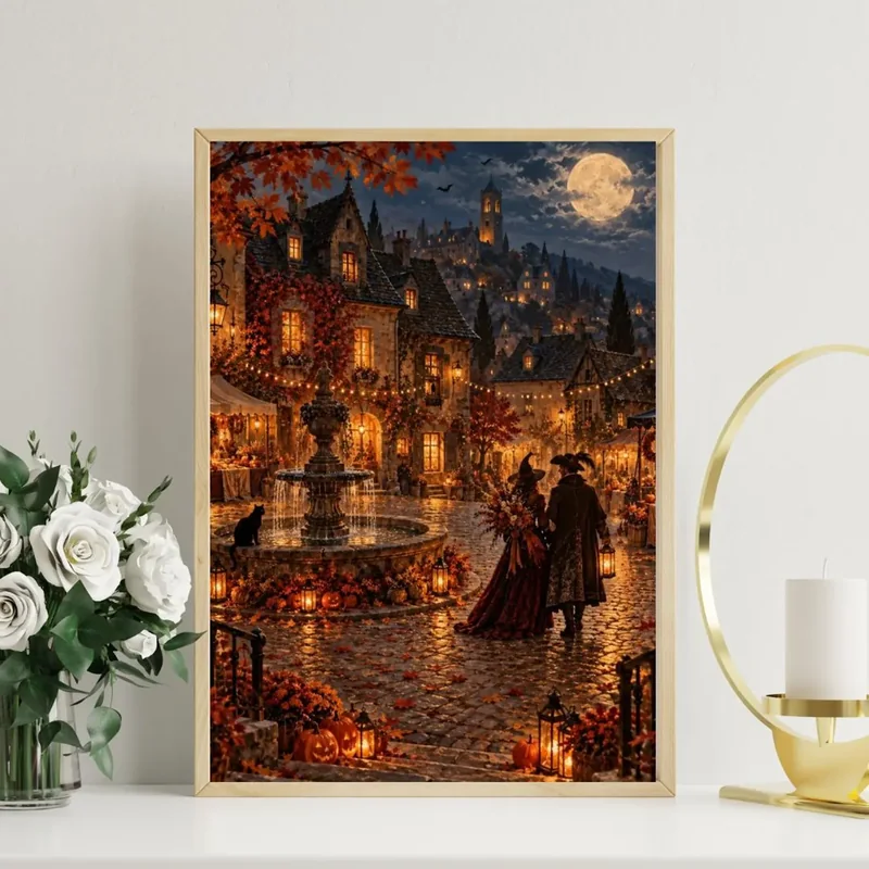 Vintage Halloween village wall art featuring a romantic witch and wizard walking beside a stone fountain, with glowing lanterns, autumn foliage, pumpkins and a full moon.