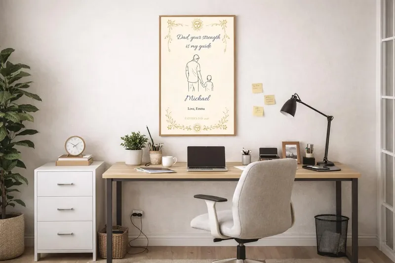 Dad, Your Strength Is My Guide — minimalist line art of a father holding his child's hand with a personalized message