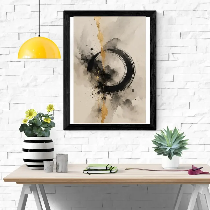 Enso Circle Kintsugi — black ink enso brushstroke circle with a gold kintsugi vein on a neutral abstract background