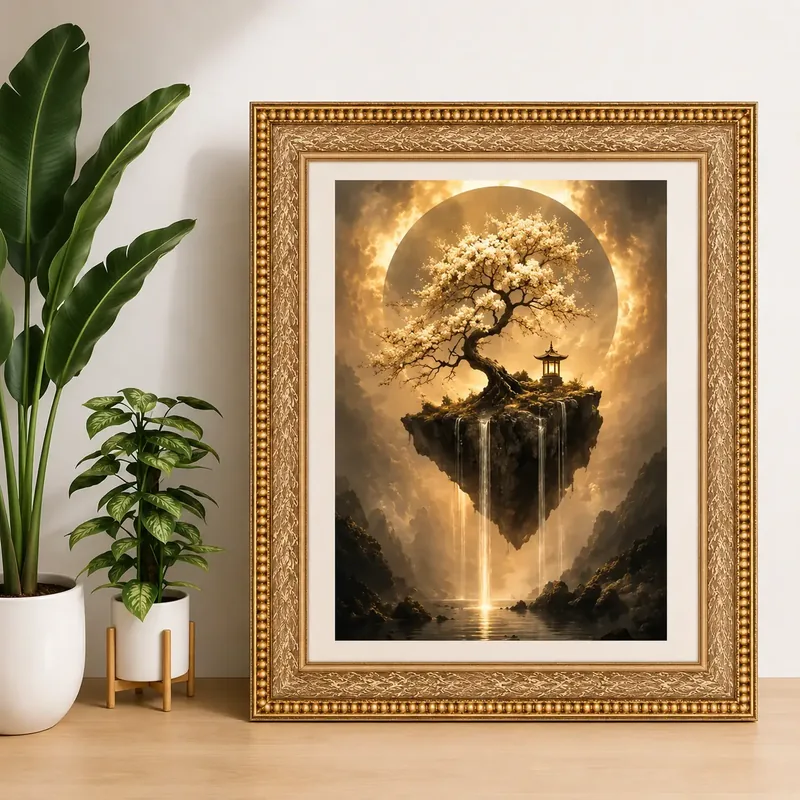 Floating Island Blossom Tree — fantasy zen pagoda and moon printable wall art, surreal nature waterfall poster