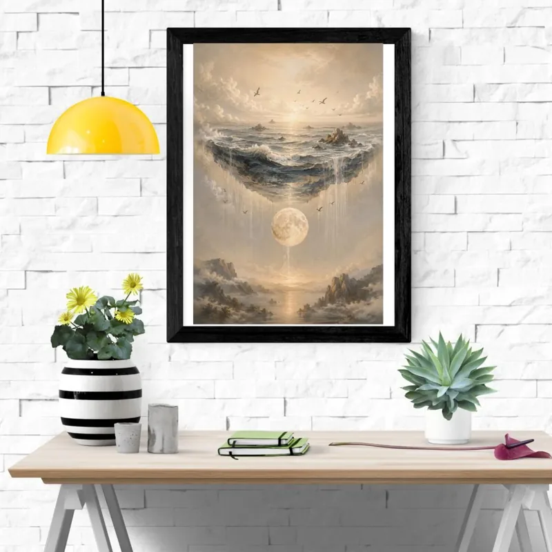 Floating Ocean Moon — surreal coastal print of a moon above the sea