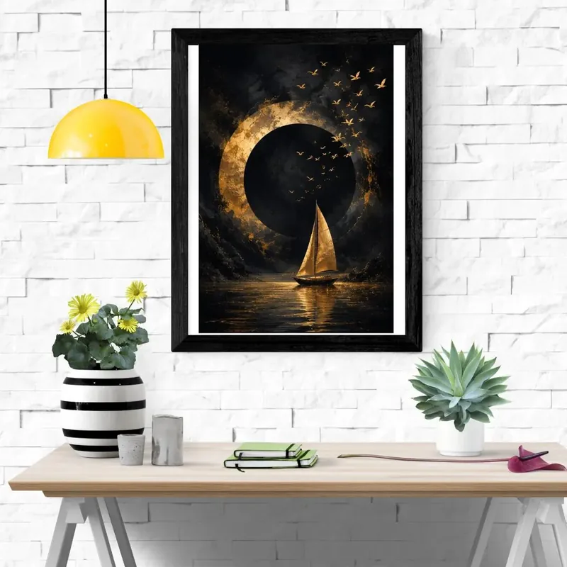 Gold Sailboat Black Moon — dark celestial ocean printable wall art with golden sailboat and birds at night
