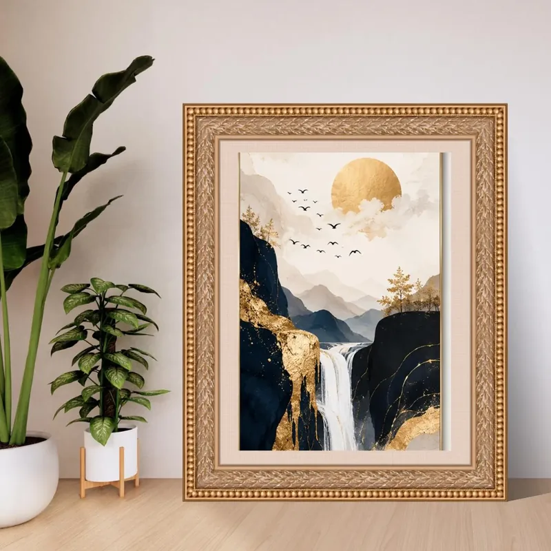 Gold Sun Mountain — minimalist landscape print with golden sun and waterfall