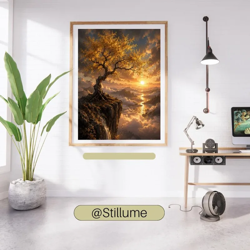 Golden Tree Above the Clouds — fantasy sunset cliff landscape printable wall art with a golden spiritual tree