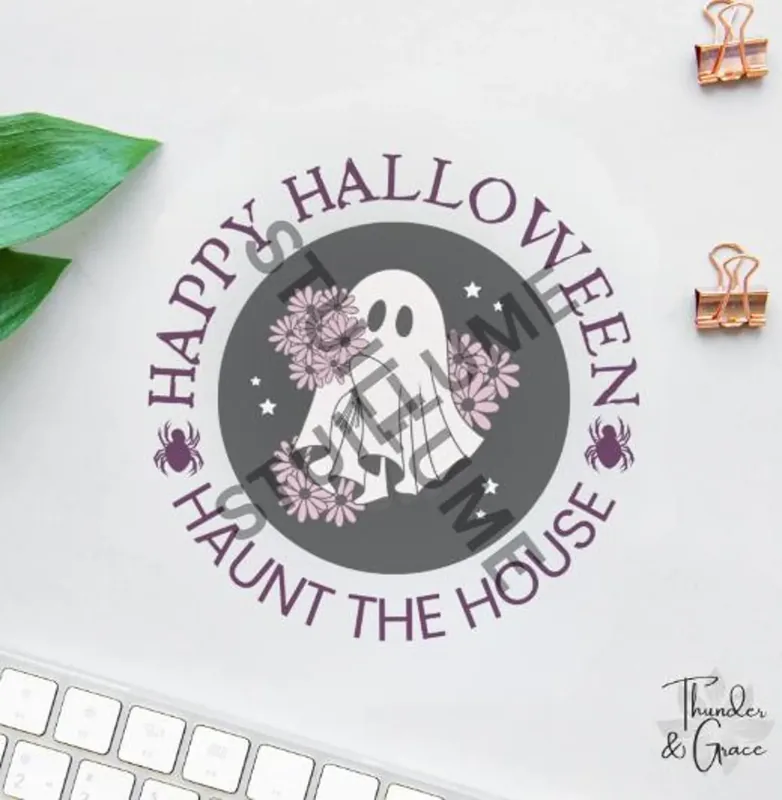 Vintage Halloween ghost sticker with pink flowers, spiders and Happy Halloween Haunt the House lettering