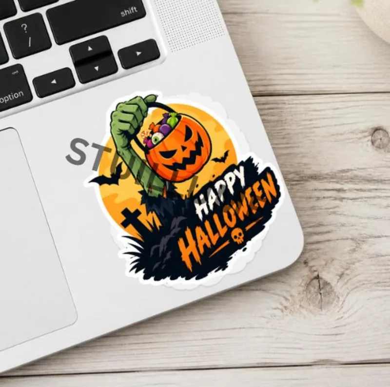 Retro Halloween sticker with jack-o'-lantern bucket, zombie hand, bats and Happy Halloween lettering in orange, black and yellow.
