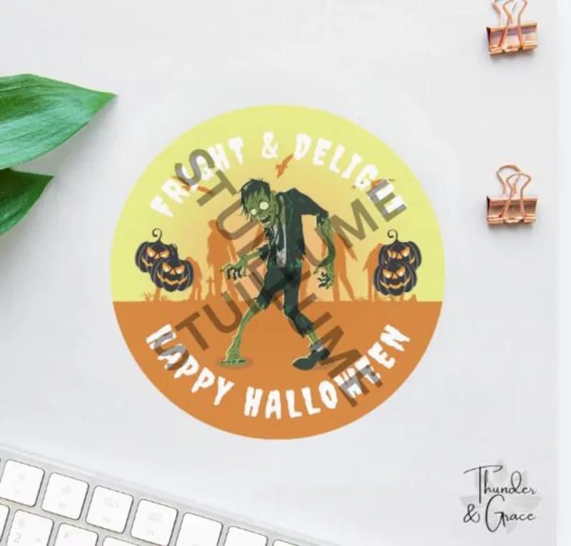 Retro Halloween zombie sticker with pumpkins, spooky cemetery and Happy Halloween lettering in orange and yellow