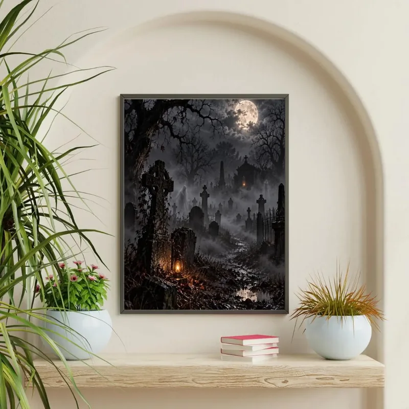 Gothic Halloween cemetery wall art featuring weathered gravestones, ghostly figures, dense fog, twisted trees and a glowing full moon, displayed in a dark frame.