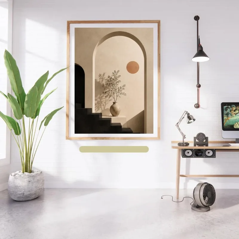 Mediterranean Archway — beige minimalist archway print with a ceramic vase, botanical shadows and a terracotta sun