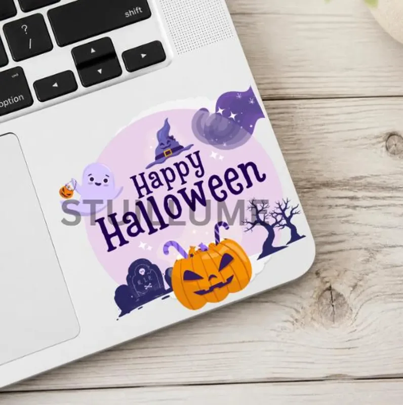 Purple Halloween ghost and jack-o-lantern sticker with witch hats, spooky trees and Happy Halloween lettering