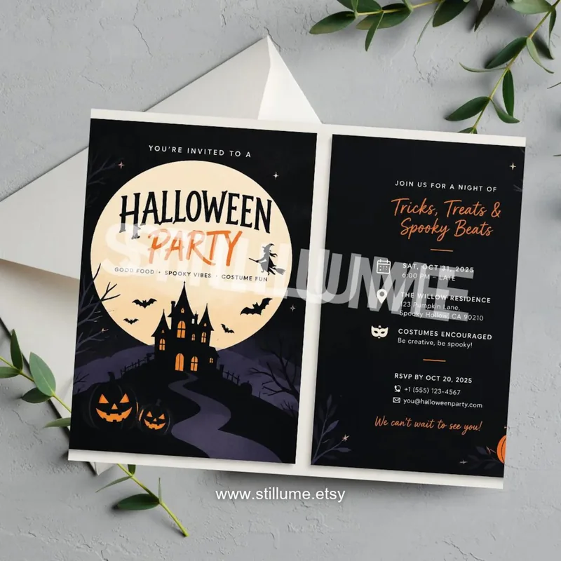 Halloween party invitation featuring a haunted house, a flying witch, bats and glowing jack-o'-lanterns under a full moon, displayed with a white envelope and eucalyptus branches.