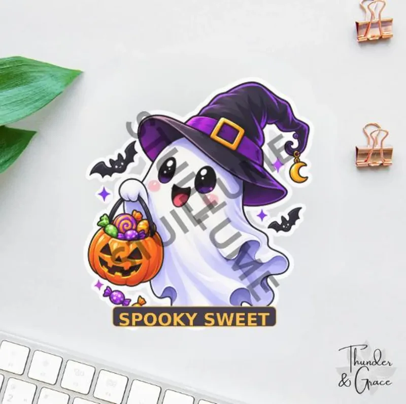 Cute Halloween ghost wearing a purple witch hat holding a pumpkin candy bucket with bats and Spooky Sweet text