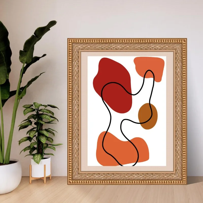 Abstract Terracotta Shapes — mid century modern print with rust and terracotta organic shapes joined by a continuous black line