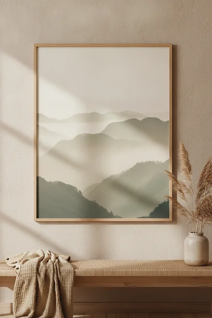 Calm wall art in a peaceful neutral home interior with a zen print above a wooden bench