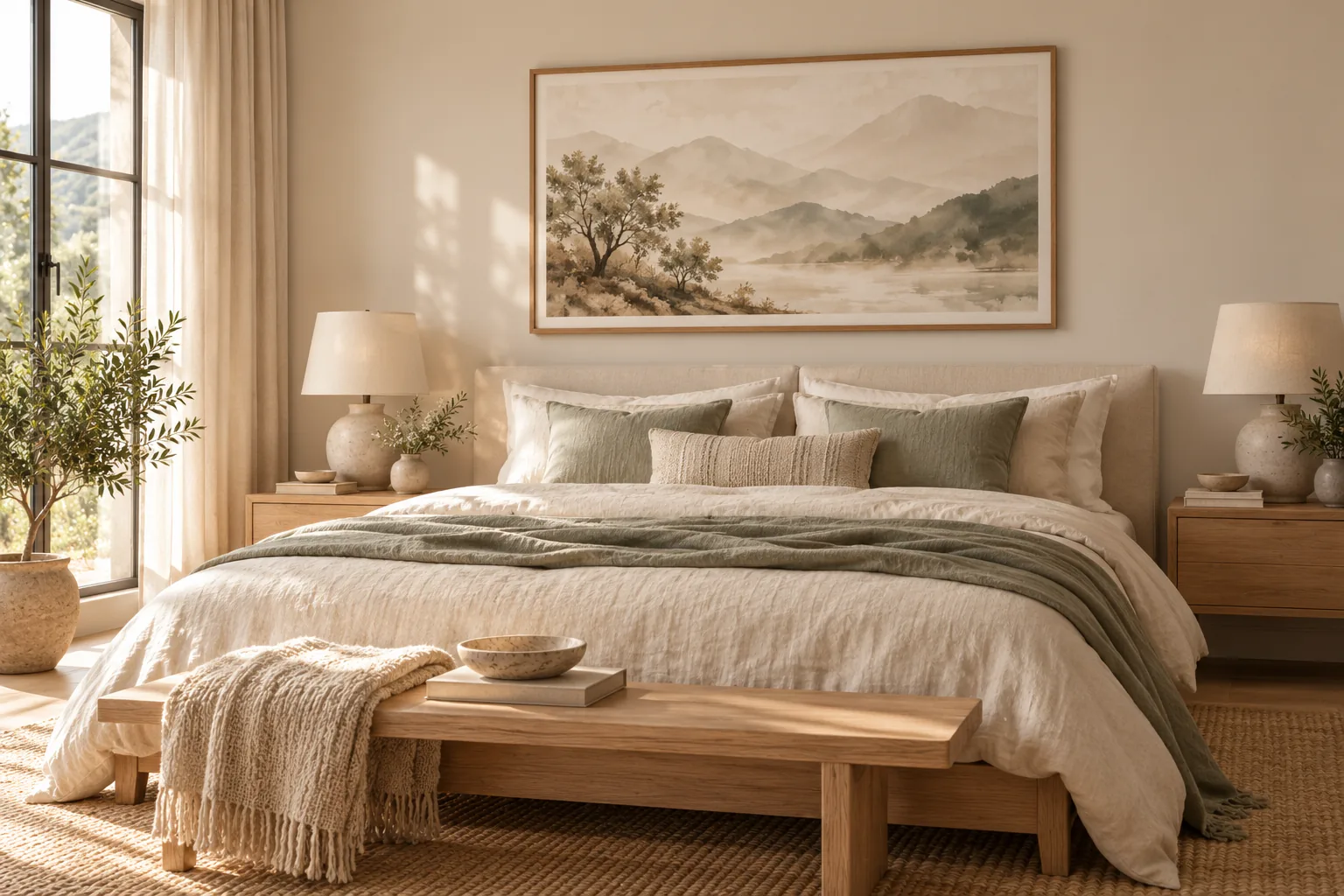 Calm neutral bedroom with soft mountain landscape wall art above the bed, demonstrating a restful art choice for a quiet space.