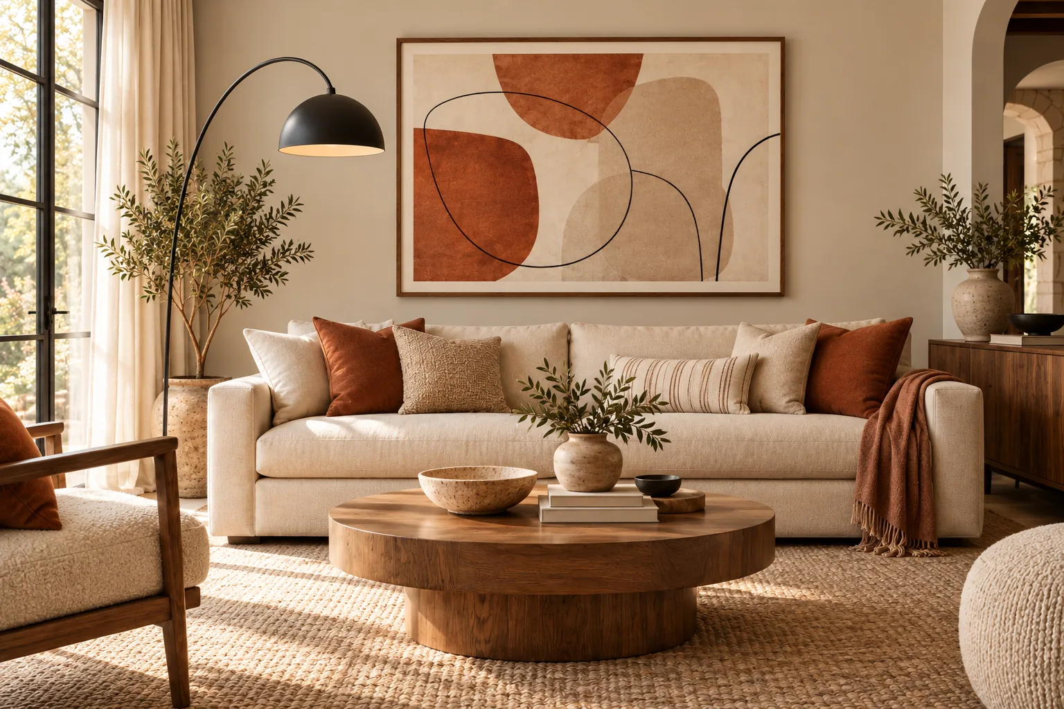 Neutral living room with terracotta abstract wall art, black floor lamp and warm wood accents illustrating contrast and repeated colors.