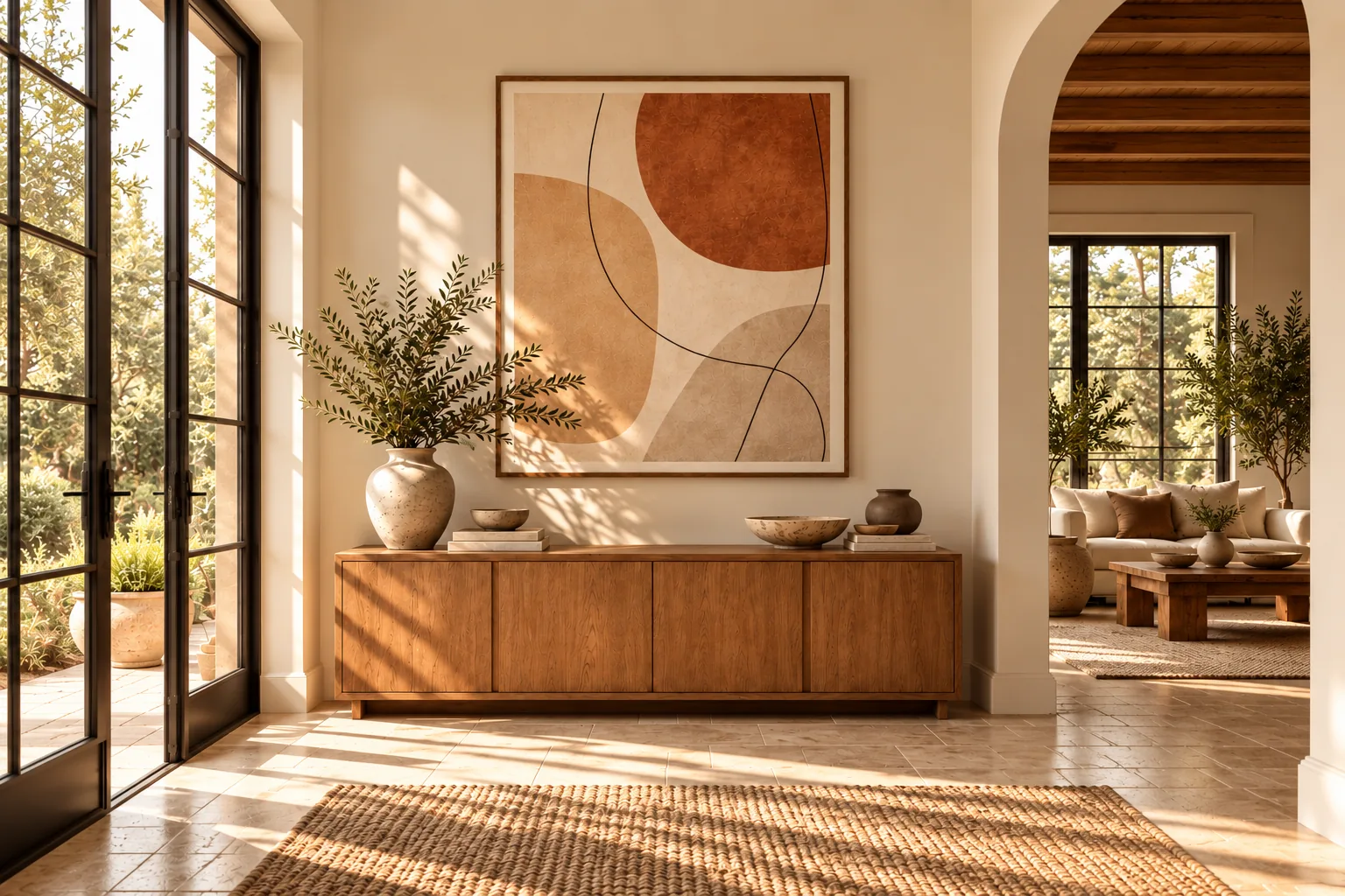 Warm entryway with large neutral abstract wall art above a wooden console, showing balanced scale and a cohesive color connection.