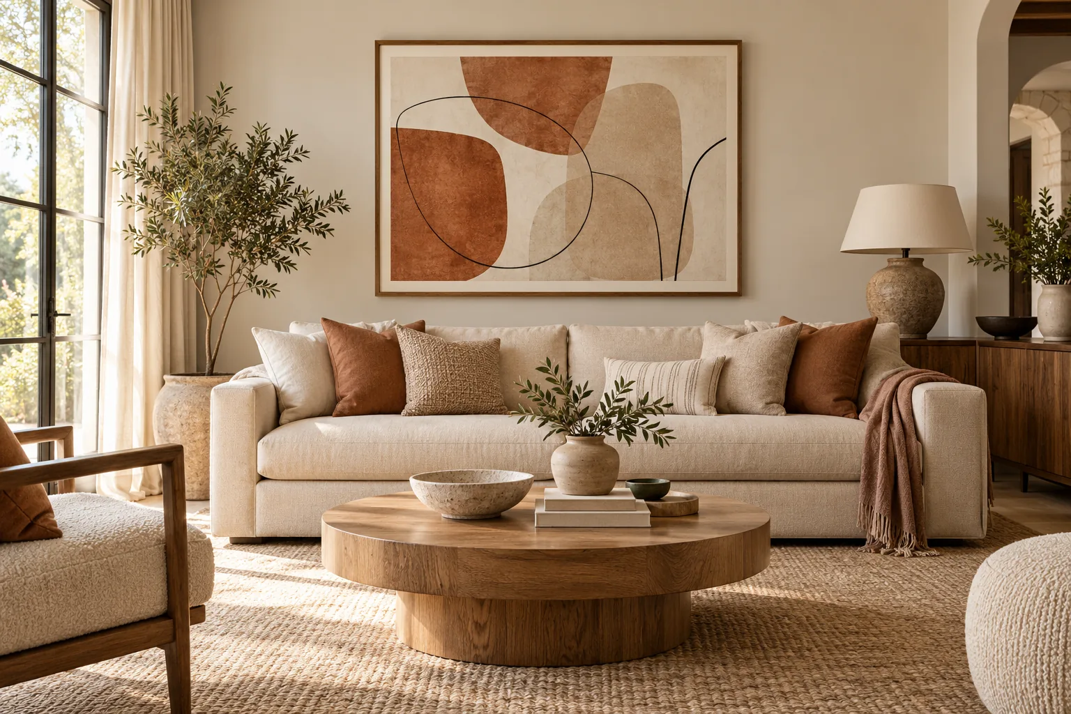 Warm neutral living room with large abstract terracotta wall art above a cream sofa, showing how artwork can connect with furniture and color palette.