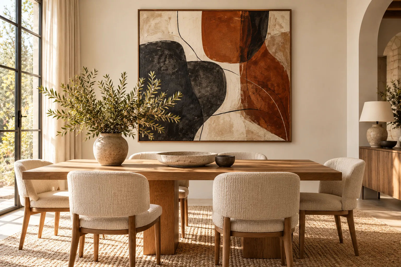 Dining room with large bold abstract wall art in black and terracotta, showing strong visual weight above neutral furniture.