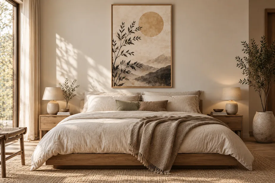 Calm Japandi bedroom with natural wood, linen bedding and minimalist nature-inspired wall art above the bed