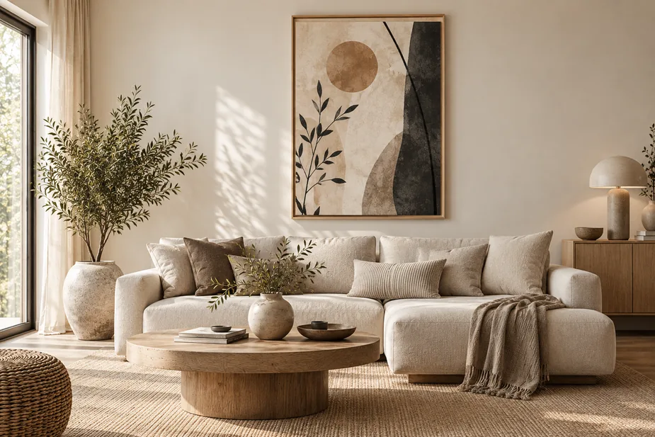 Neutral Japandi living room with minimalist wall art adding charcoal and earthy contrast