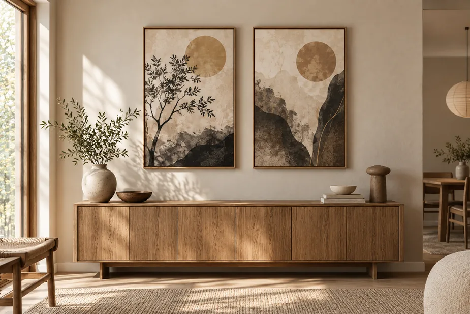 Two coordinated 2:3 wall art prints above a natural wood sideboard in a calm Japandi interior