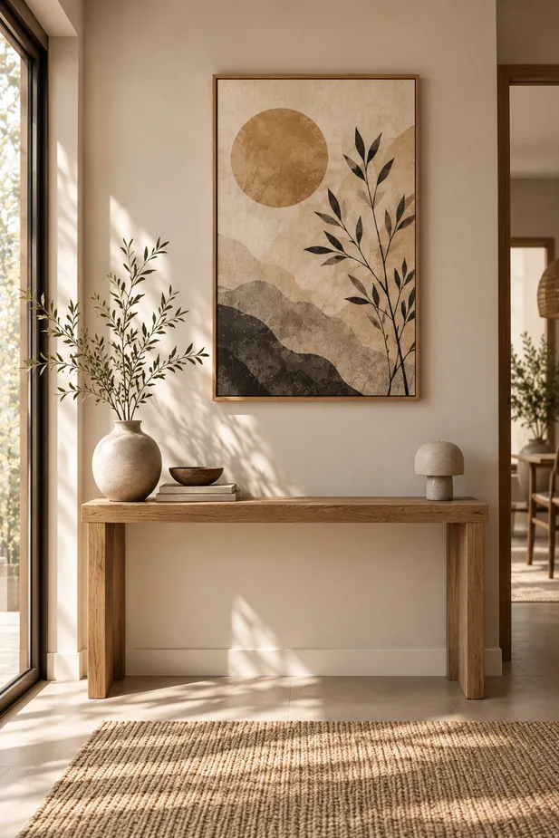 Japandi entryway with vertical minimalist wall art, natural wood console and simple ceramic decor