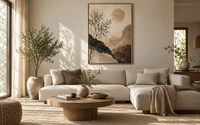 Japandi living room with natural wood, neutral furniture and minimalist nature-inspired wall art