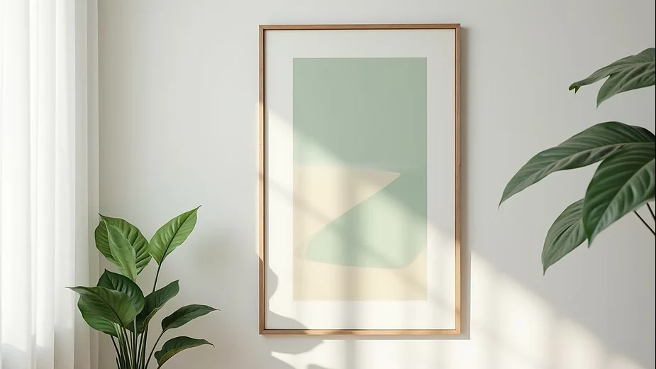 modern digital art prints framed on a minimalist wall with natural light and green plants, creating a calm home decor atmosphere.