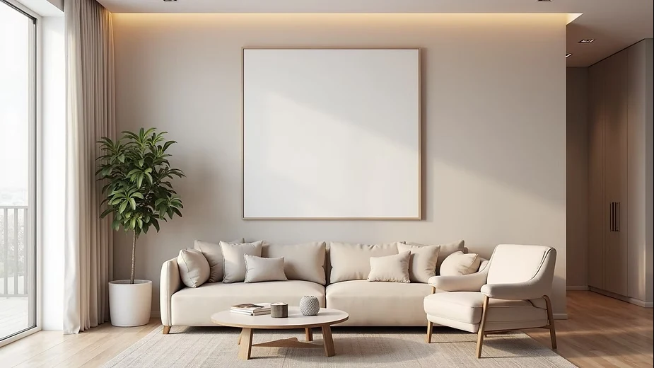 Modern digital art prints displayed above a beige sofa in a minimalist living room with natural light and calm home decor style.