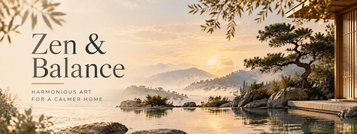 Zen & Balance collection — calming zen wall art with meditation line art and cherry blossom